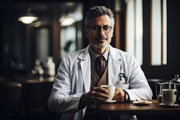 Dokter drinkt koffie.