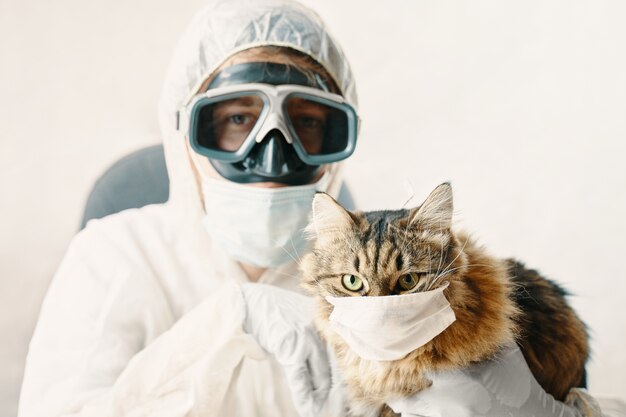 Dokter en Kitty is veilig voor het coronavirus Kat in beschermingsmasker