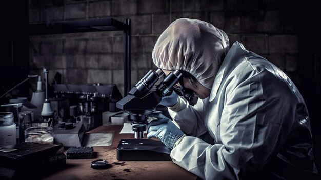 Foto dokter houdt zich bezig met de verspreiding van virussen medic in chemisch beschermingspak microscoop en buis