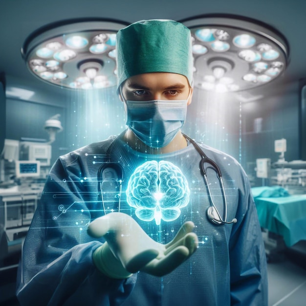 Dokter in de operatiekamer en hersensysteem grafische hologramtechnologie generatieve ai-kunst