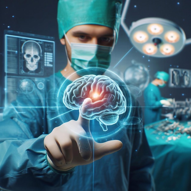 Dokter in de operatiekamer en hersensysteem grafische hologramtechnologie generatieve ai-kunst