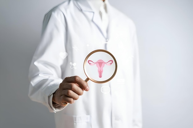 Foto dokter in een witte jas met een virtuele baarmoeder voortplantingssysteem vrouwelijke gezondheid pcos eierstokken gynaecologische en baarmoederhalskanker gezond vrouwelijk concept