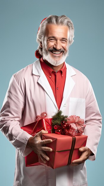 Dokter in kerstmankostuum met een kerstcadeaudoos