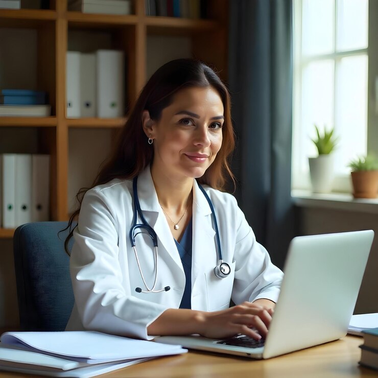 Dokter in uniform met medisch technologie symbool in ziekenhuis achtergrond