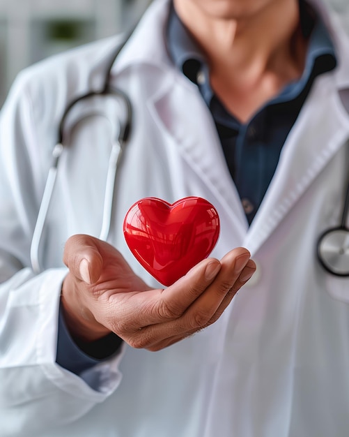 Dokter in witte labjas met een rood hart in zijn hand voor medische reclame