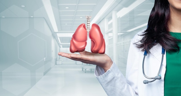 Dokter met 3d longen bij de hand gezondheidszorg medicijnen medicijnen en arts illustratie 3D-rendering