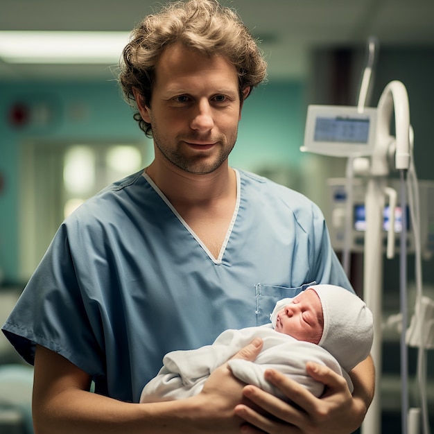 Dokter of mannelijke vroedvrouw met pasgeboren baby