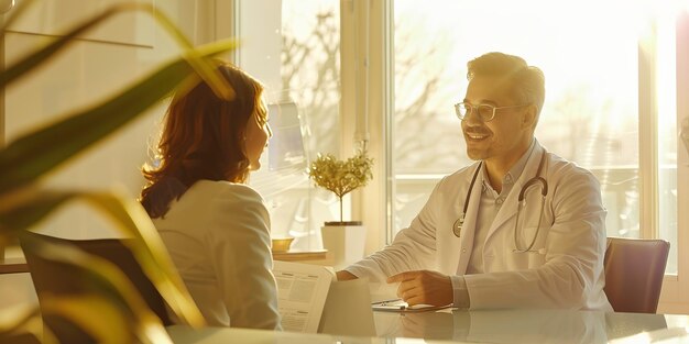 Dokter raadpleegt patiënt in een zonnig modern kantoor