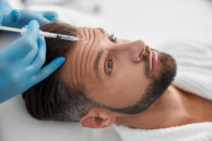 Dokter schoonheidsspecialist in latex handschoenen doet injectie van opheffende vuller in gerimpeld voorhoofd van volwassen man patiënt in hedendaagse schoonheidskliniek close-up