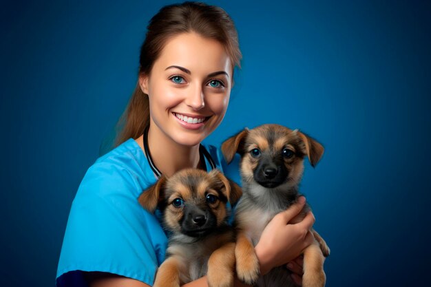 Dokter vrouw dierenarts in medisch pak met twee gelukkige pups in zijn armen