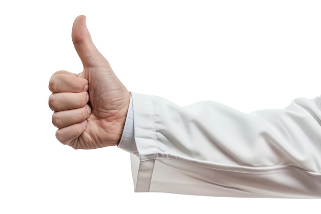 Foto doktershand met duim omhoog op witte of doorzichtige achtergrond close-up van een artshand in een