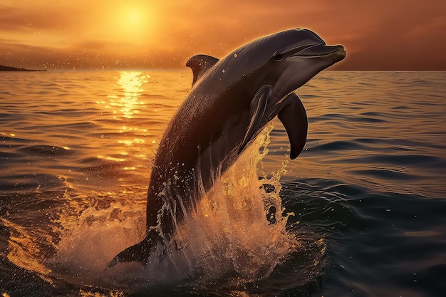 Dolfijn boven het water op de achtergrond van de blauwe oceaan kijkt je aan