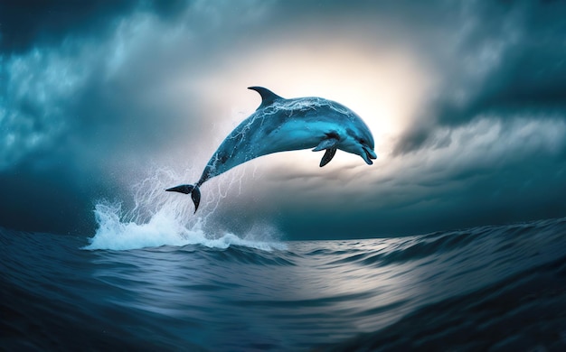 Dolfijn die 's nachts in de oceaan springt Generatieve AI