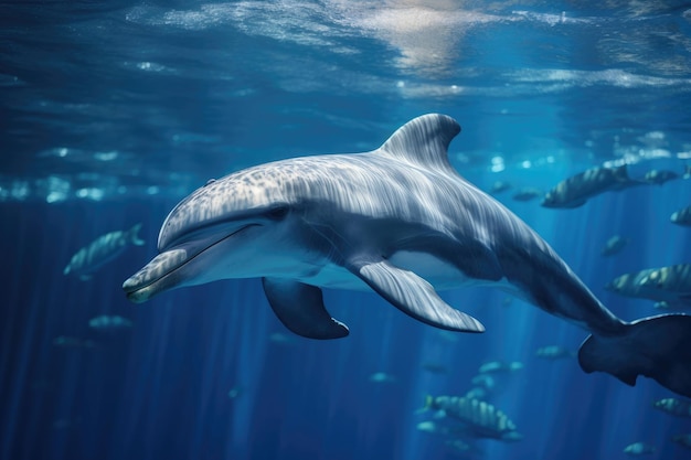 Dolfijn in blauwe transparante waterclose-up
