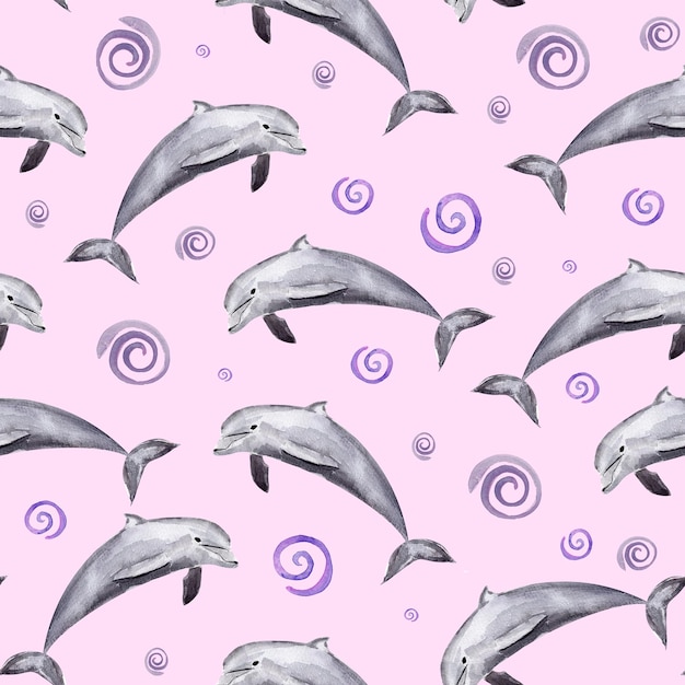 Dolfijnen en luchtspiralen aquarel naadloos patroon