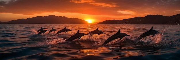 Dolfijnen springen bij zonsondergang uit het water.