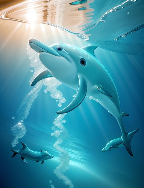 Dolfijnen zwemmen voor een zonneschijnde achtergrond.