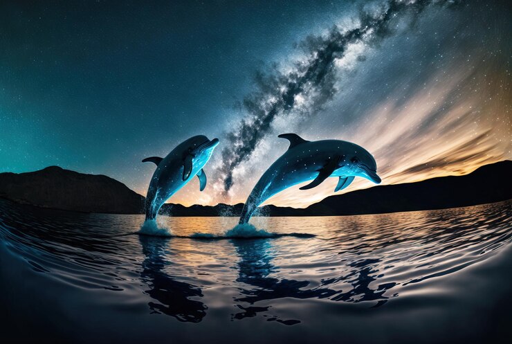 Foto dolfijnpaar dat 's nachts in de oceaan springt generatieve ai