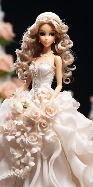 Кукла в красивом пышном свадебном платье Фото высокого качества Генеративный AI