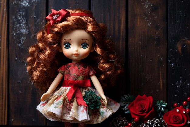 Doll on Christmas Wooden Background Created with Generative AI Tools