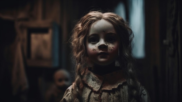 A doll in a dark room with a face and a doll face