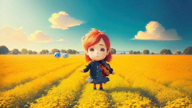 A doll in a field of yellow flowers