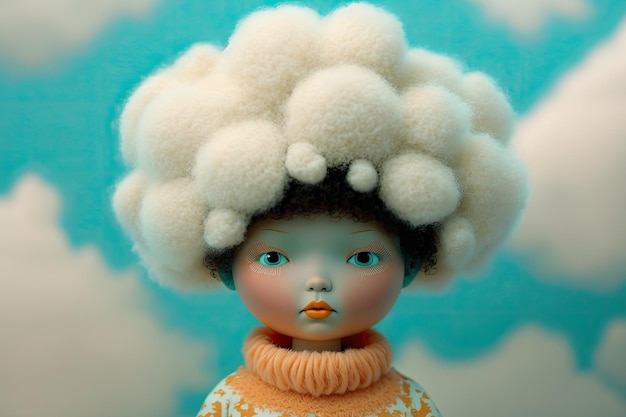 Doll of a girl against a soft coral background Concept of being in the clouds