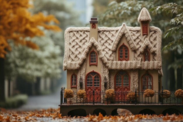 A doll house sitting on top of a pile of leaves ai