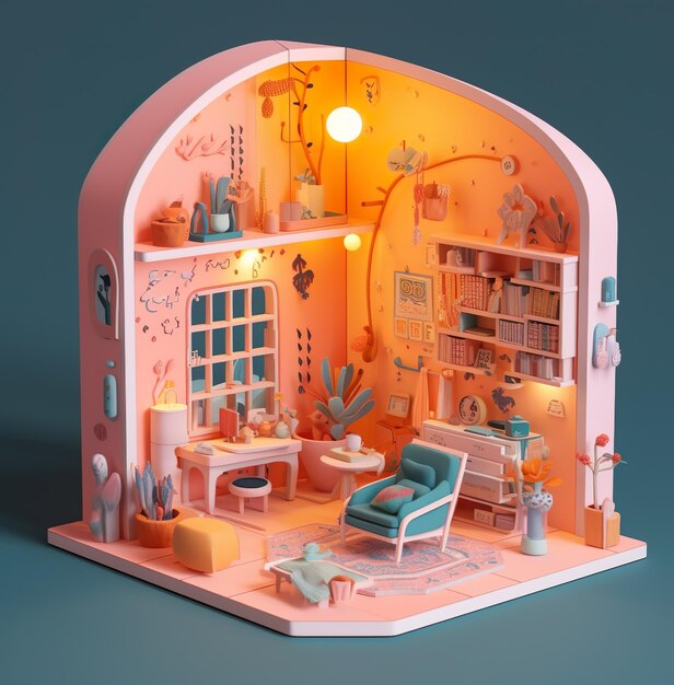 A doll house with a cat sitting in the living room.