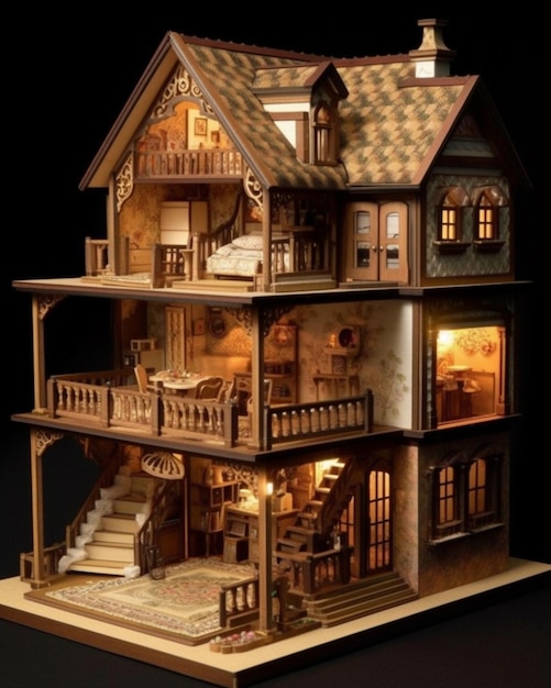 A doll house with a staircase and stairs.