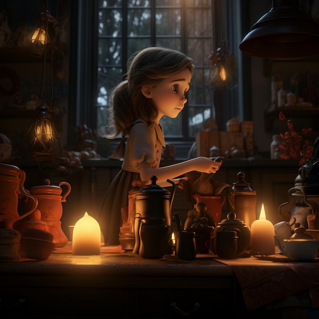 Photo a doll is standing in front of a table with pots and a pot with a lid that says 