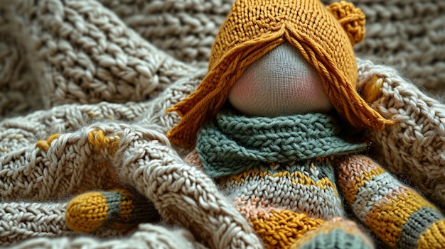 Doll lying on crochet fabric background