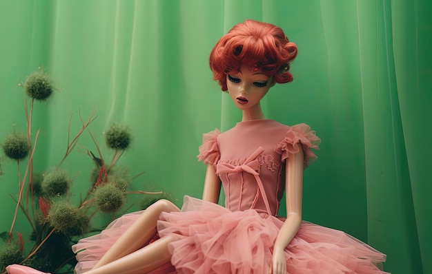 a doll in a pink dress is sitting next to a green background