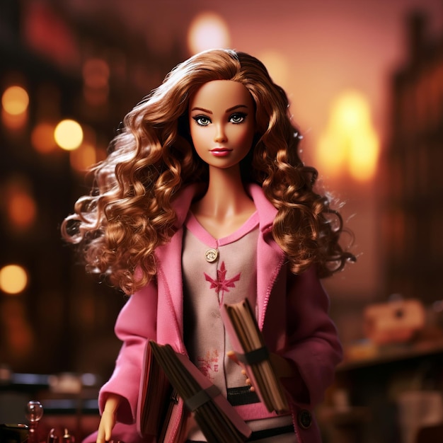 Doll in a pink jacket with a book generated by AI