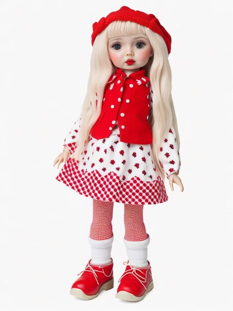 doll in a red cap and white polka dot dress on a white background AIGenerated