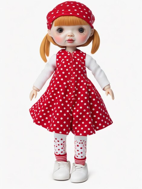 Photo doll in a red cap and white polka dot dress on a white background aigenerated