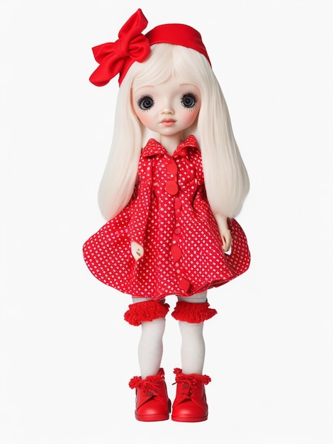 doll in a red cap and white polka dot dress on a white background AIGenerated