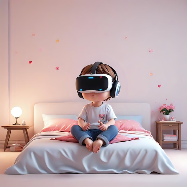 a doll sits on a bed with a pair of virtual reality glasses