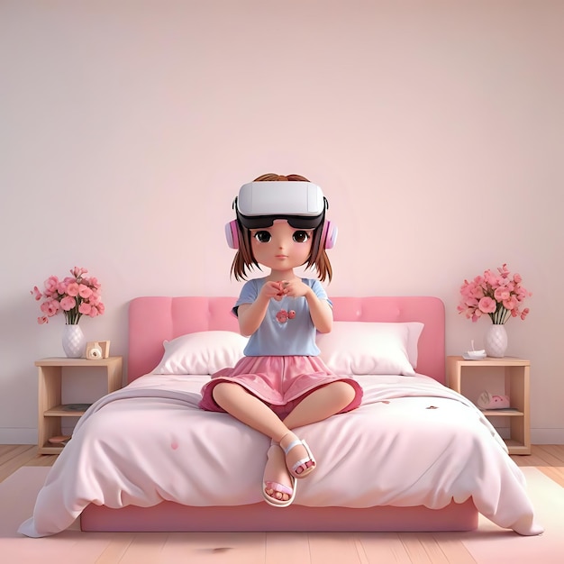 a doll sits on a bed with a pink headband and a pink headband