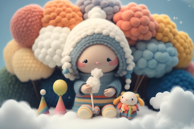 A doll sits in the clouds with a cotton candy on it.