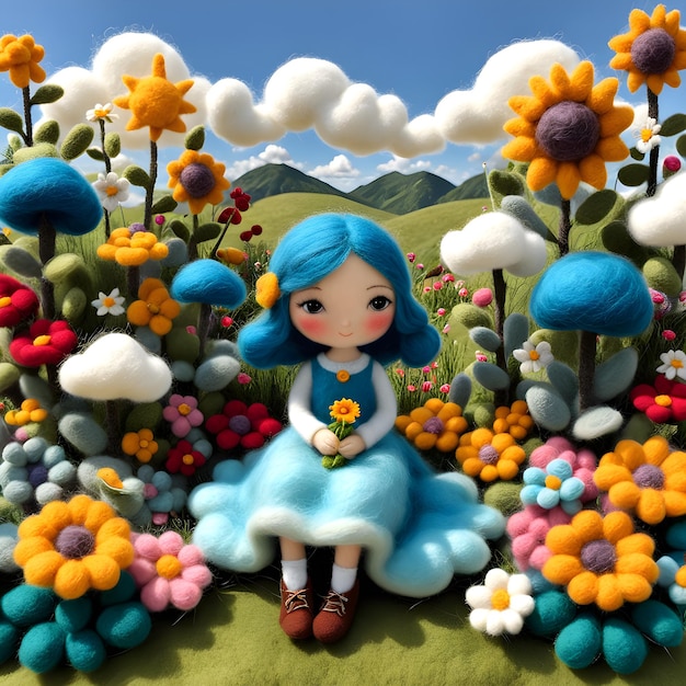 Photo a doll sits in a field of flowers and the word the blue