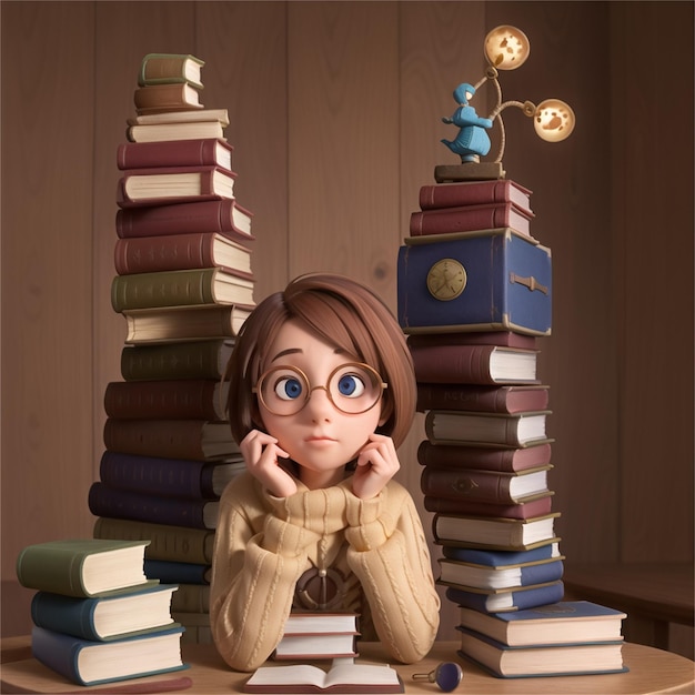 a doll sits in front of a stack of books with a blue bird on the top.