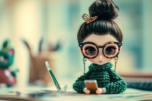 Photo doll sitting on top of a desk next to a smartphone suitable for various uses