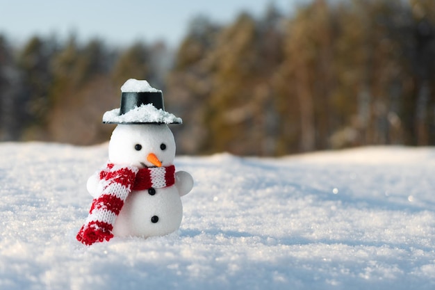 Photo doll of a snowman stands in a snowdrift with pine forest on the background in sunny morning