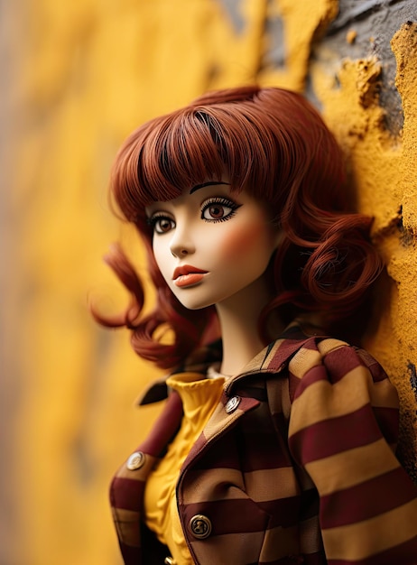 a doll that is leaning against a yellow wall and looking at the camera she's wearing a striped coat