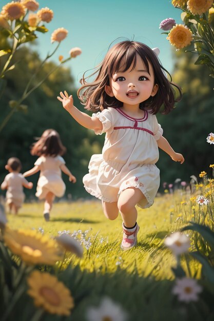 A doll that is running in a field