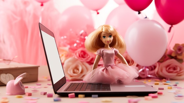 Кукла с розовым ноутбуком