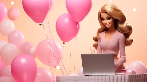 Doll using pink laptop