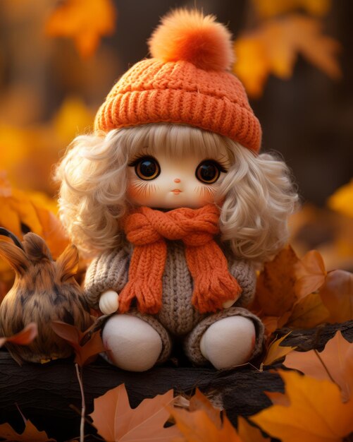 a doll wearing an orange hat and scarf sitting on a log