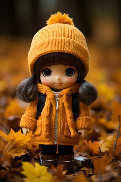 A doll wearing a yellow coat and hat stands in a pile of fallen leaves